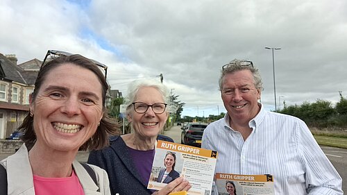 Ruth Gripper and Rob Nolan out canvassing with Lib Dem volunteer